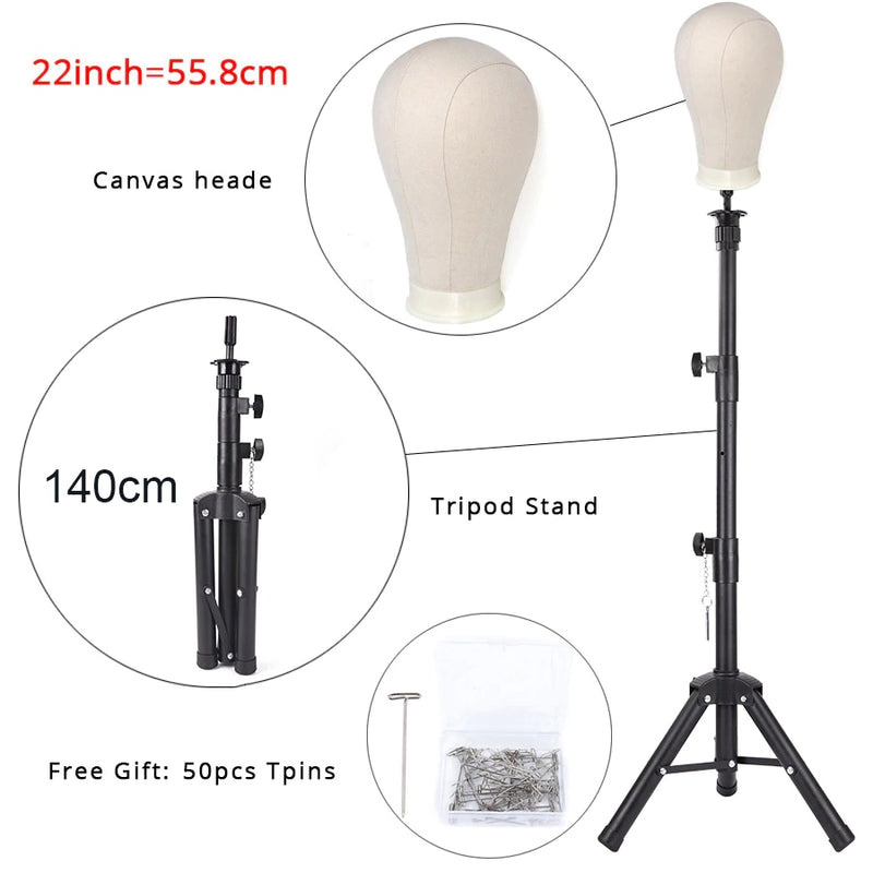 Alileader New 140Cm/64Cm Wig Stand Wig Tripod With Mannequin Canvas Block Head Adjustable Tripod Stand Wig Making kit TPins Gift