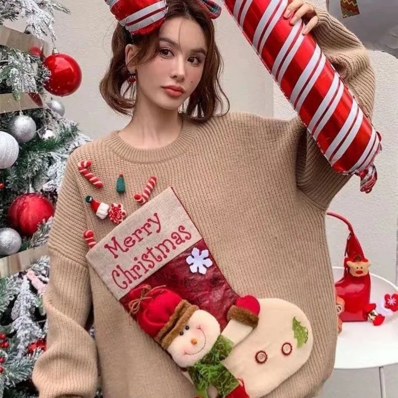 Christmas Sweater Loose New Lazy Sweater Wearing Thick Sweater Three-dimensional Cartoon Red Coat in Autumn and Winter Women