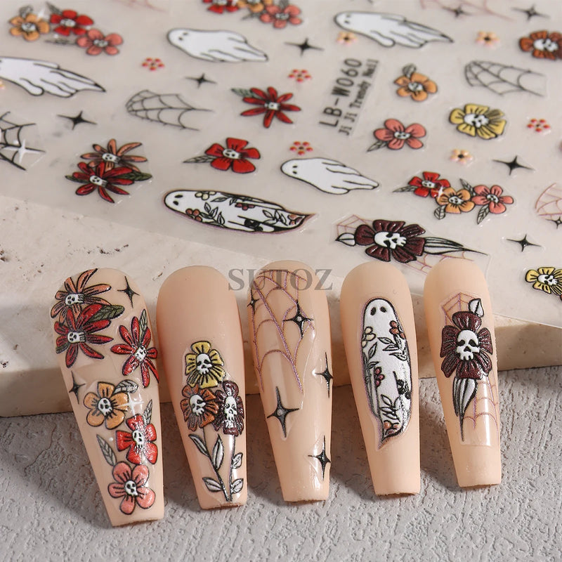 5D Embossed Halloween Nail Stickers Skull Chams Spooky Flower Ghost Nail Decals Spider Web Skeleton Sliders for Manicure NTJI-5D