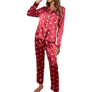Women's Printed with Red Satin Heart-Shaped Printed Long Sleeved Button up Shirt Paired with Long Pants Casual Pajama Set
