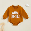Thanksgiving Baby Romper with Embroidered Turkey Design and Cozy Long Sleeves for Fall Festivities and Family Gatherings