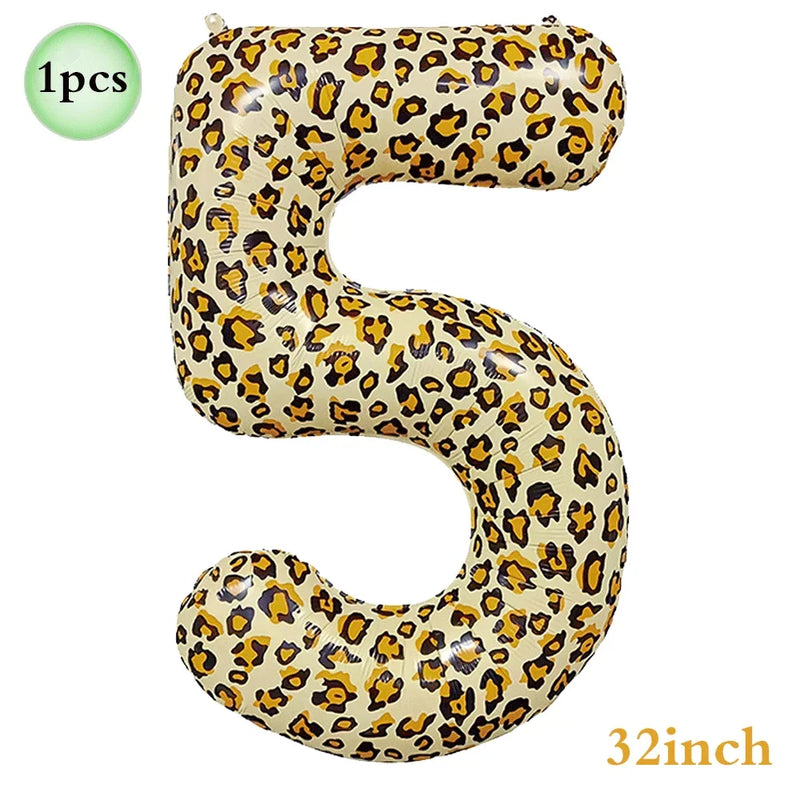 Jungle Safari Birthday 32Inch 1-9 Numbers Leopard Foil Balloon Land Animal Tiger Zebra Giraffe Disposable Tableware Party Decors