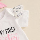 Adorable Baby Easter Outfit with Bunny Print Romper Ruffled Shorts Headband and Long Socks - 4 Piece Set for Your Little Girl