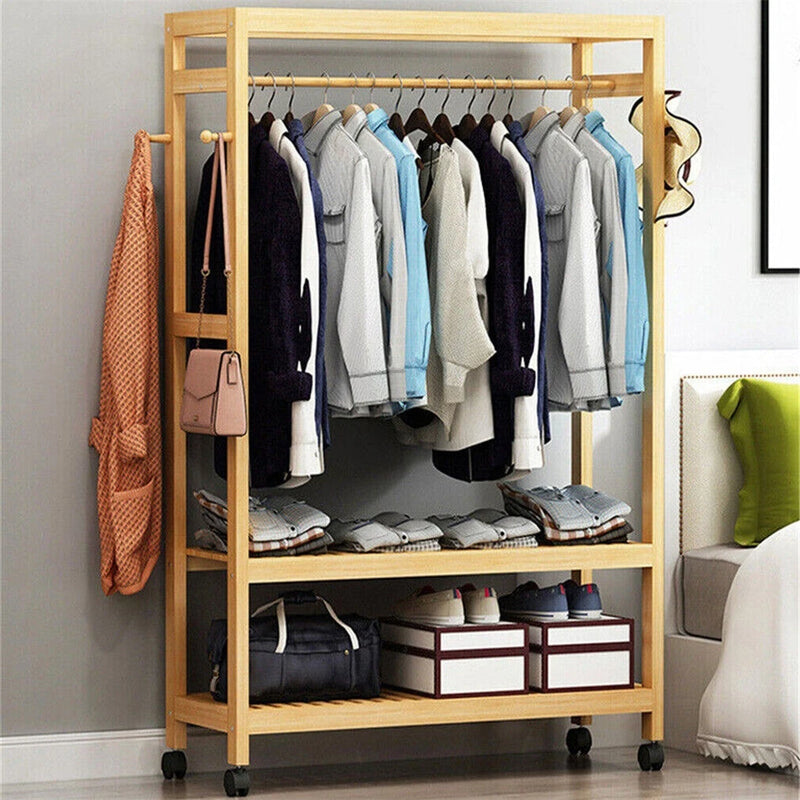 Bamboo Garment Rack with Wheels, Clothing Rack for Hanging Clothes with Hooks, Multi-functional Bedroom Clothes Rack