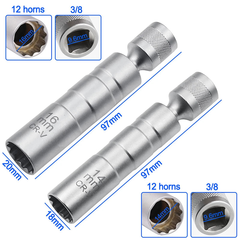 Socket Wrench Magnetic 12 Angle Repairing Removal Tool Thin Wall 3/8" Drive Sockets for 14/16mm Spark Plug
