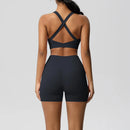 2PCS Sportswear With Pocketed Yoga Set Gym Clothes Yoga Suits For Women Tracksuits Sports Shorts Crossover Bra Gym Leggings