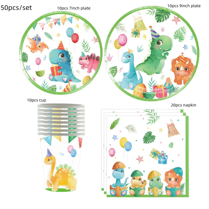 Dinosaur Birthday Disposable Tableware Set Dinosaur Plates Cups Napkins Banner for Boys Dinosaur Party Decoration Jungle Safari