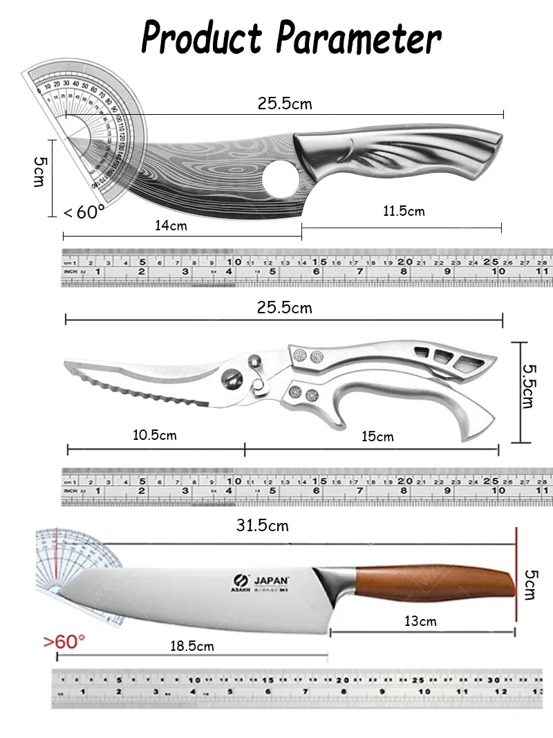 WXCOO Professional Kitchen Knives Hand Forged Boning Knife Japanese Stainless Steel Meat Cleaver Fruit Knife Kitchen Scissors