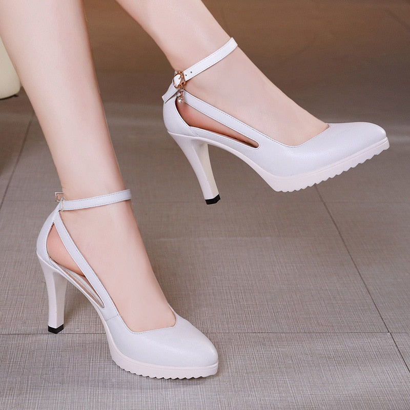 Size 32-43 Pointed Toe Crystal Platform Pumps Women 2023 Soft Leather Strap Ankle Thin High Heels Wedding Shoes Bride White Red