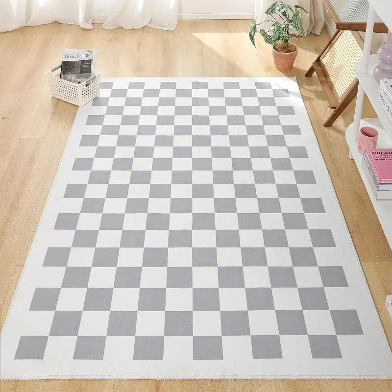 Area Rug Modern Pink Checkered for Living Room with Non-Slip Backing Soft Pink Low Pile Checkboard Area Carpet for Indoor Use