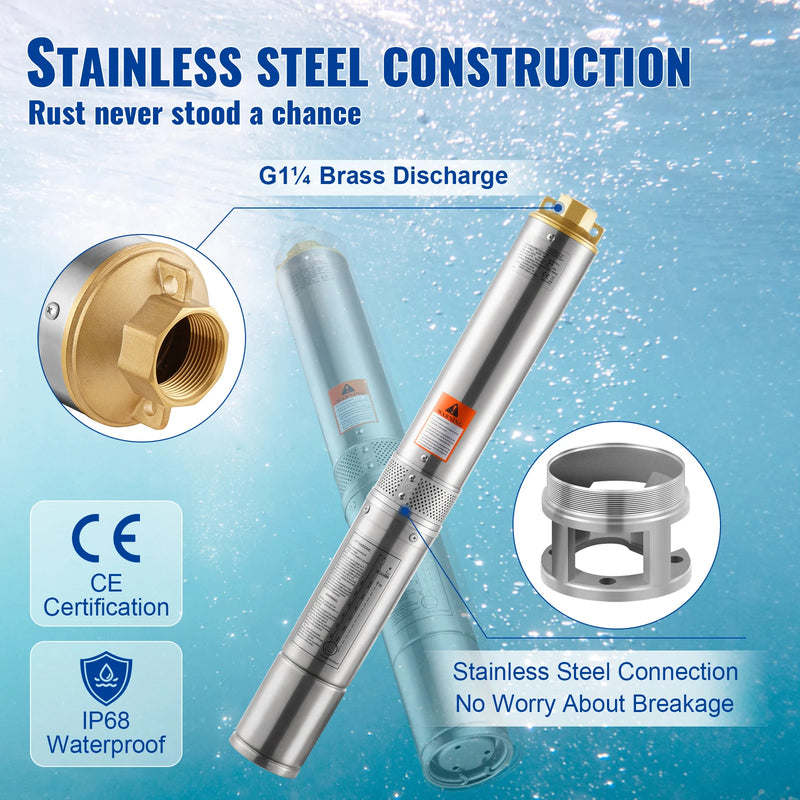 SucceBuy Deep Well Submersible Pump 370W/750W/1100W/1500W/2200W 230V 50Hz Stainless Steel Water Pumps for Industrial Irrigation