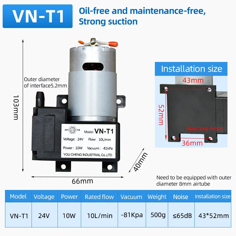 Small DC 12v/24v -81Kpa Electric Diaphragm Vacuum Pump Mini Vacuum Pump Suction Vacuum Pump VN-T1