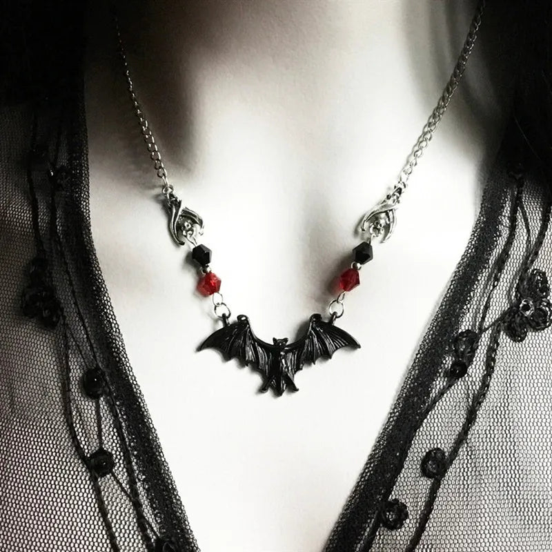 Crystal Bead Chain Gothic Necklace for Woman Animal Horror Black Bat Punk Jewelry Gift Witch Choker Dark Series Accessories 2022