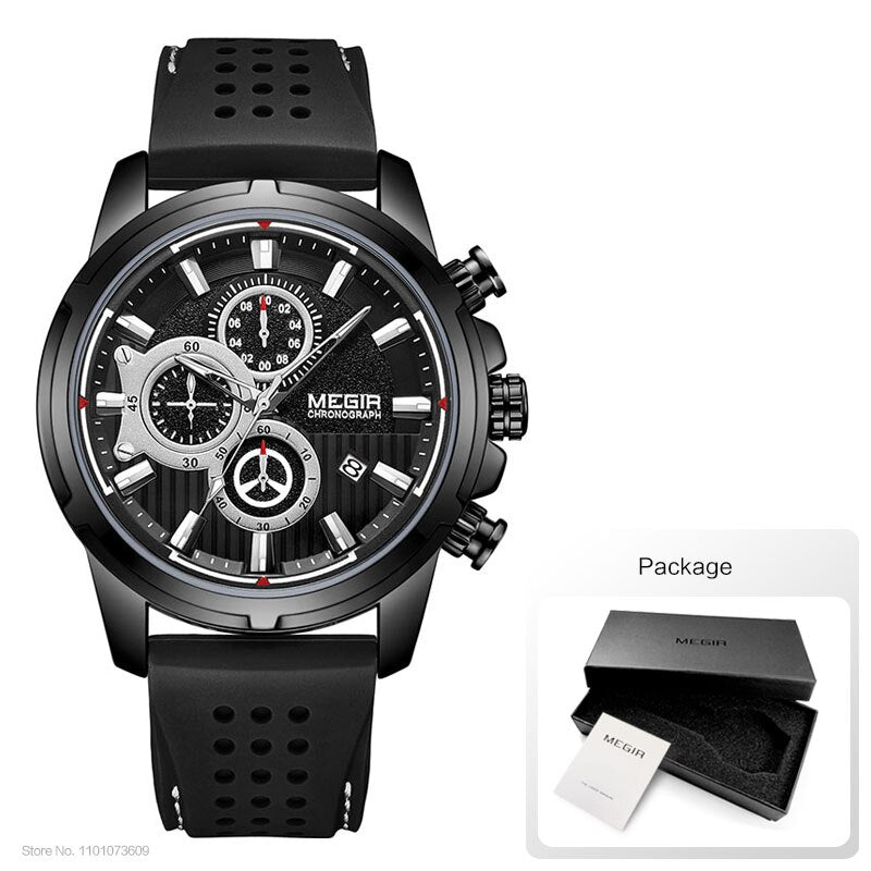 MEGIR Army Sports Quartz Watches Men Chronograph Silicone Strap Wristwatch Luxury Top Brand Relogios Mascuoino Clock 2101 Silver