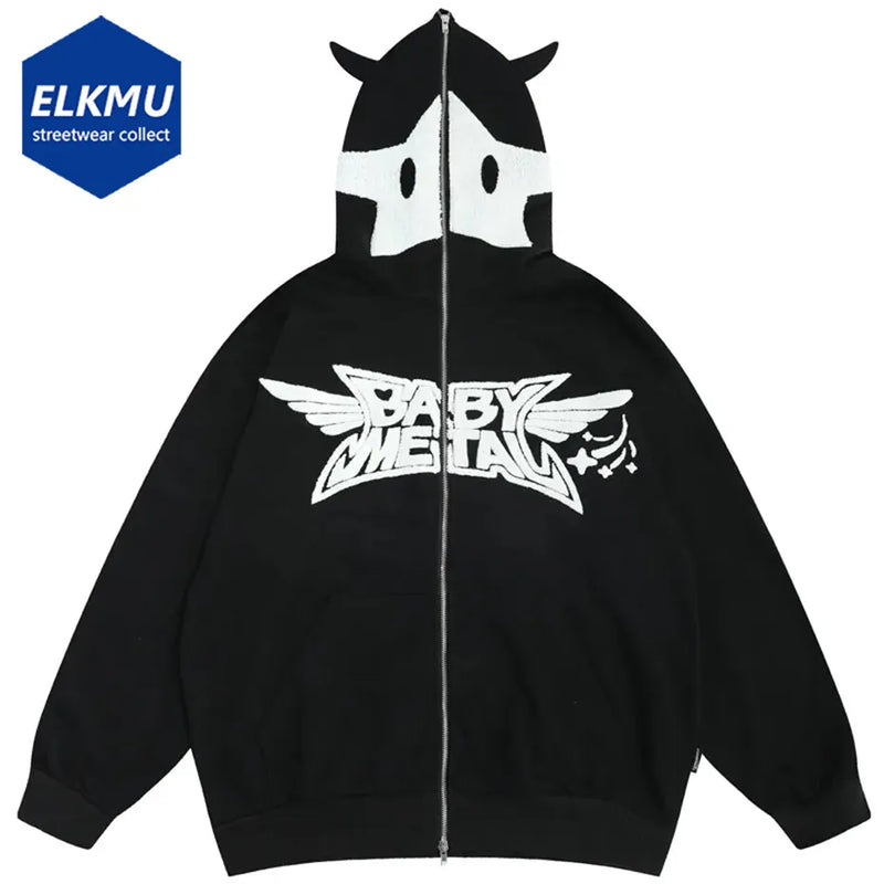 Men Devil Horns Hoodie Coat Y2K Hip Hop Embroidery Star Two Way Zip Up Hooded Sweatshirt Streetwear Harajuku Fashion Emo Hoodies