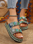 New Women's Rhinestone Thick Sole Twine Double Buckle Sandals, Soft Comfortable Women's Beach Slippers Large size