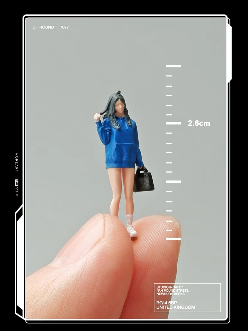 Resin Handmade Painted 1/64 Girl in Blue Hoodie Miniature Figure Model Props DIY Creative Photography Display Collection