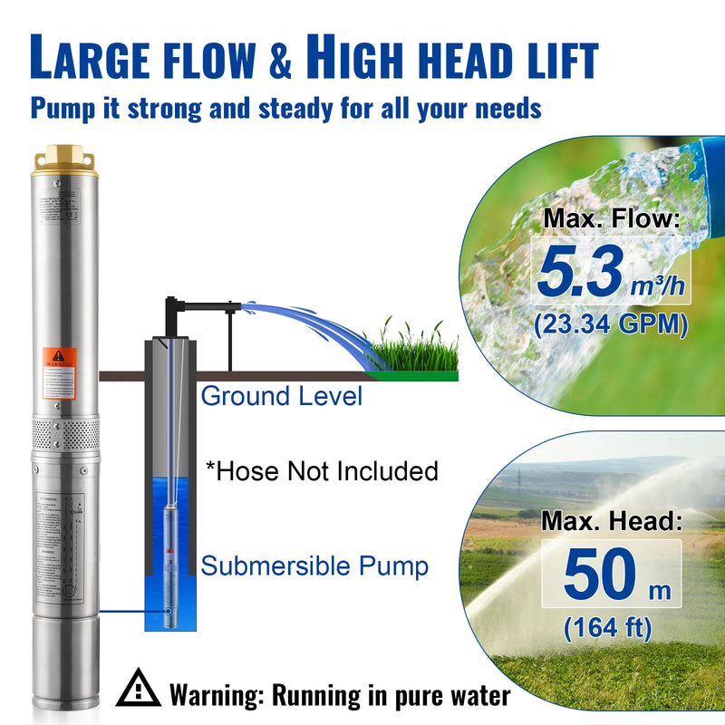 SucceBuy Deep Well Submersible Pump 370W/750W/1100W/1500W/2200W 230V 50Hz Stainless Steel Water Pumps for Industrial Irrigation