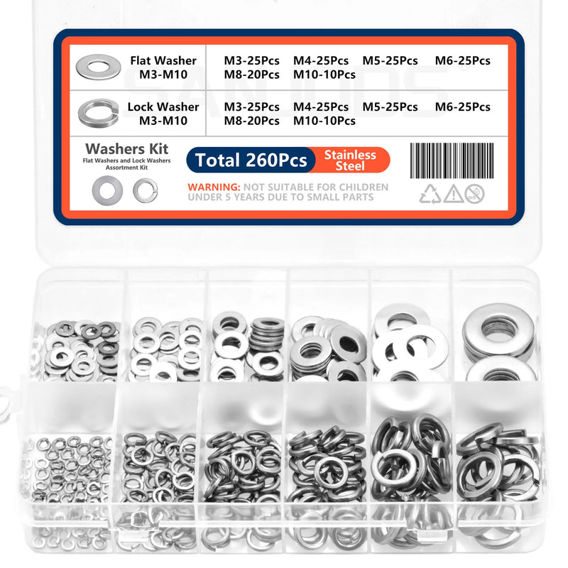 260pcs Lock and Flat Washer Assortment Kit Stainless Steel M3 M4 M5 M6 M8 M10 Spring Lock Washers and Flat Washers Set