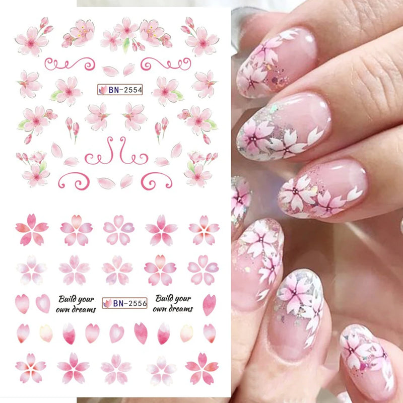 12 Design Sakura Flower Nail Water Stickers Pink Cherry Blossoms Nail Slider Decal Floral Leaves DIY Spring Manicure Decoration