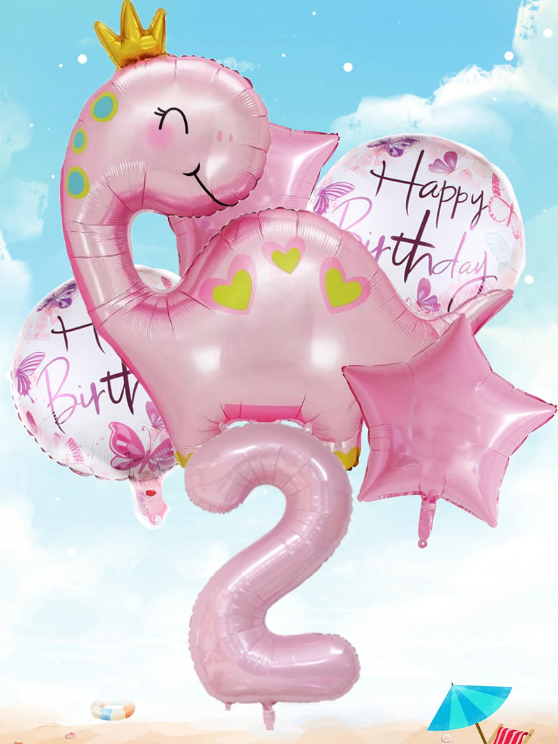 1set Pink Crown Dinosaur Foil Balloons 40 Inch Number Helium Balloon Baby Girl Children‘s Birthday Party Decorations Kids’