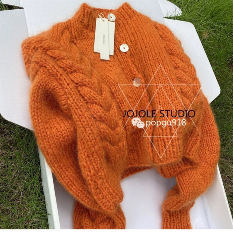 Flowers Crocheted Sweater Jacket Women Hook Twist Knitted Cardigan Spring Autumn Cashmere High Waist Single-breasted Crop Tops