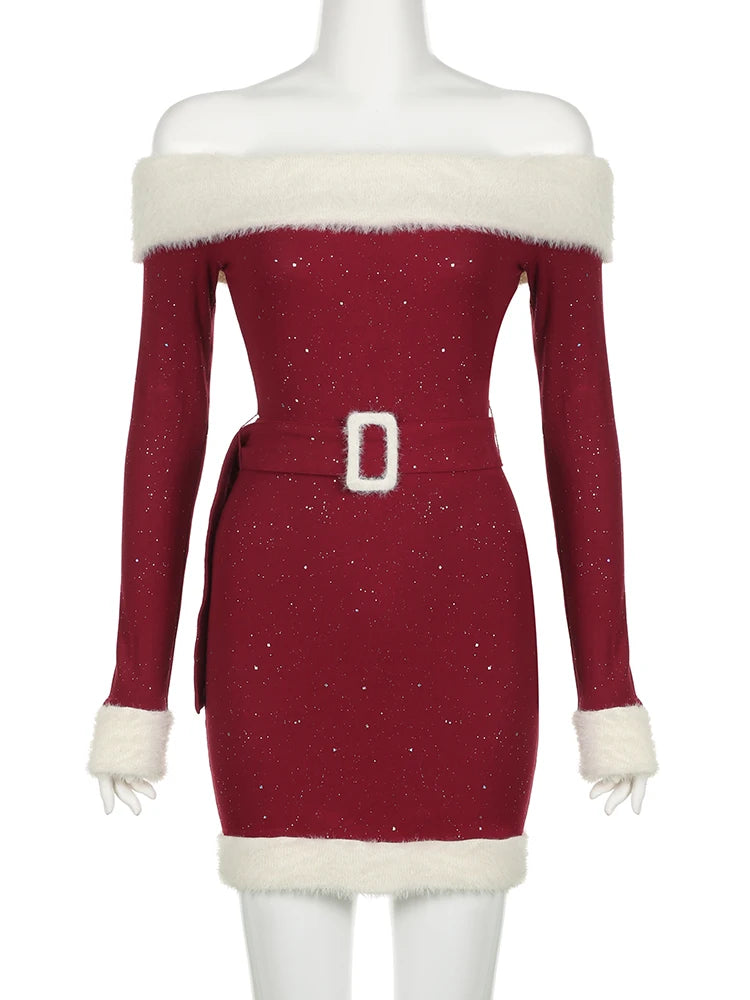 IAMSURE Christmas Party Dress Slim Patchwork Fur Trim Bodycon Dress With Belt Casual Slash Neck Long Sleeve Mini Dresses Women