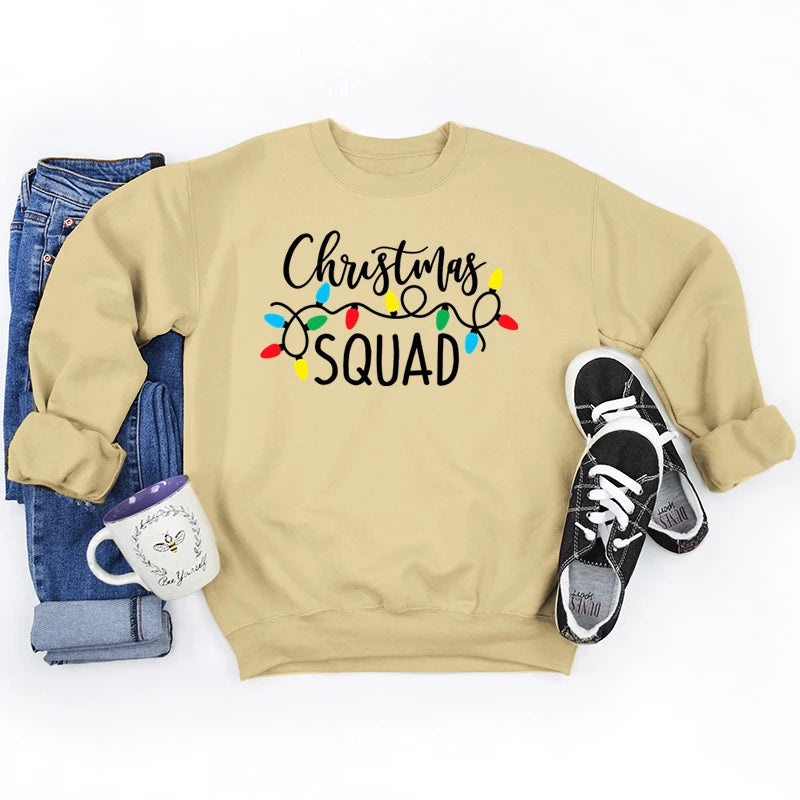 Christmas Lights Christmas Squad Print Crew Neck Sweatshirts Fashion Print Women Christmas Casual Sweatshirts Xmas Gifts