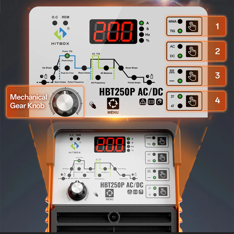 HITBOX HBT250P AC/DC Aluminium Tig Welding Machine IGBT Inverter 2T/4T HF TIG/MMA ARC Stick Argon Precise Digital Pulse Welder
