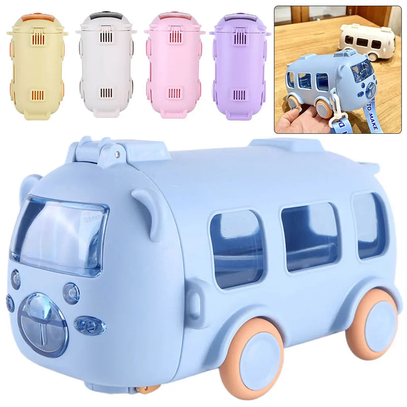 500ML Bus Shape Cute Car Water Bottle with Movable Wheels & Strap Plastic Drinking Bottle Leakproof for Boys Girls