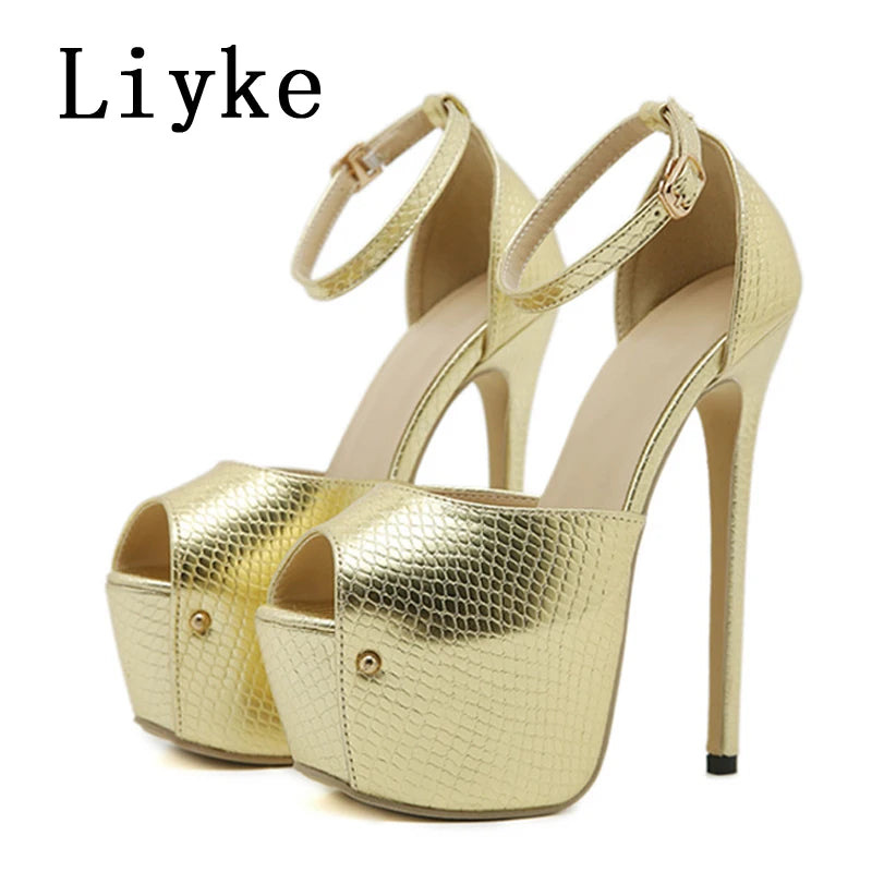 Liyke Elegant Women Wedding Party Prom Shoes Sexy Gold Snake Print Leather Peep Toe Platform High Heels Pumps Sandals Size 35-42