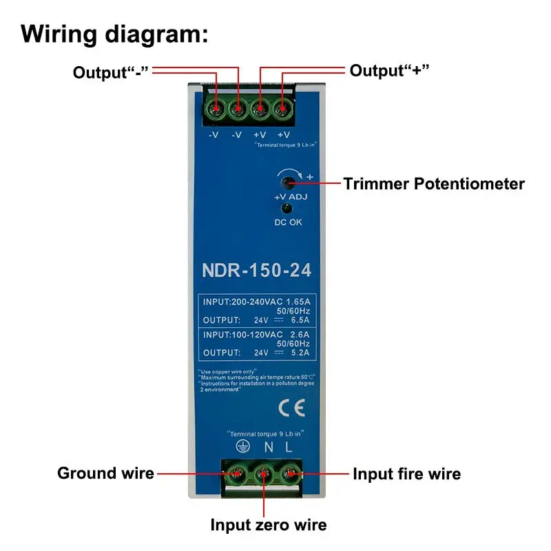 2.5A 12V 5.2A 24V NDR150W Industrial DIN Rail Mounted AC TO DC Single Output Switching Power Supply