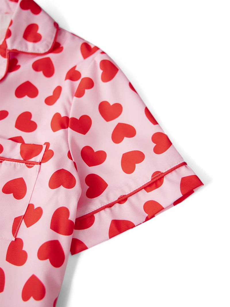 Women s Valentine s Day Pajama Set with Heart Print Short Sleeve Top and Drawstring Shorts Cute Sleepwear Loungewear Set for
