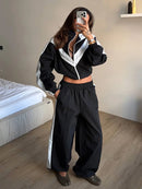 Casual Paneled Contrast Women's Pants Sets Stand Collar Zipper Cropped Jackets Elastic Wide Leg Pant 2026 Autumn Lady Tracksuits