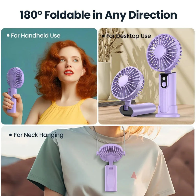 TOPK K38 Portable Handheld Fan,5000mAh 3 in 1 Multifunction Personal Travel Neck Fan with Digital Display,90° Foldable Desk Fan