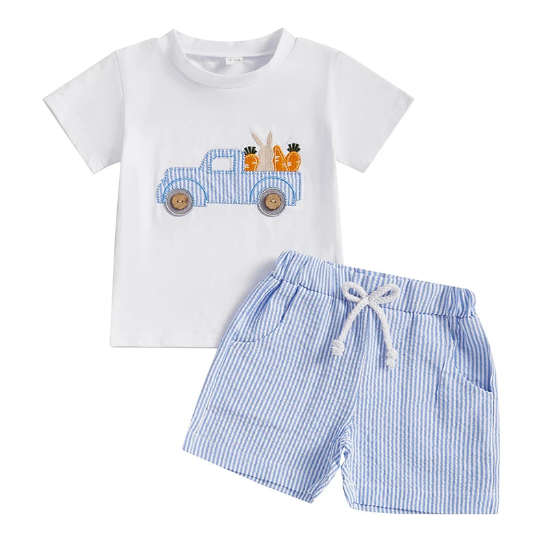 Summer Easter Kids Baby Boy Outfits Short Sleeve Embroidery T-Shirt + Shorts Set Fall Clothes Set