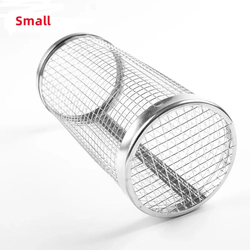 New Rolling Grilling BBQ Basket Stainless Steel Leakproof Mesh Barbecue Rack Outdoor Picnic Camping Simple Cylindrical BBQ Grill