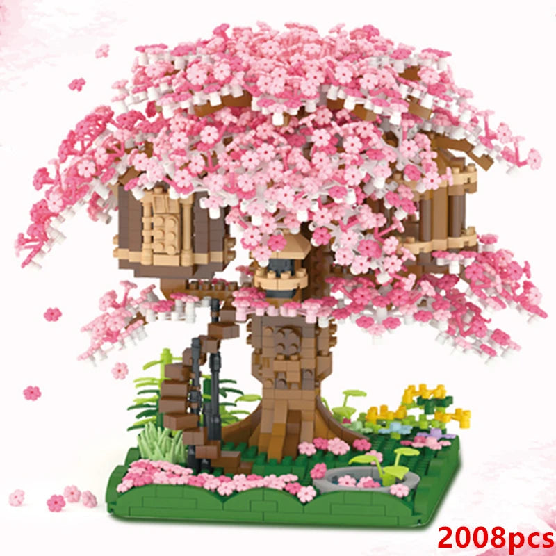 DIY Purple Romantic Cherry Blossom Flower Pink Tree House Train Assembly Building Blocks Classic Model Bricks Sets Kid