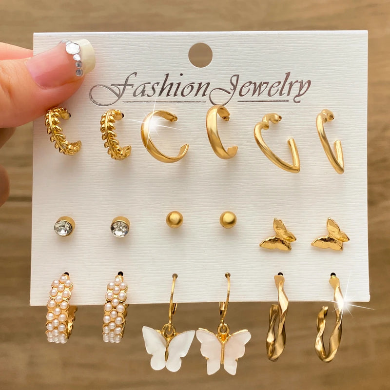 EN 18Pcs Pearl Butterfly Drop Earrings Sets Metal Gold Color Twist Earrings for Women Vintage Heart Leaf Circle Fashion Jewelry