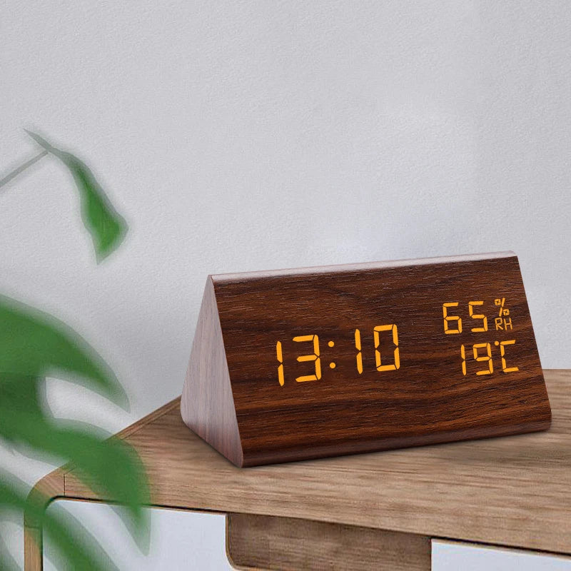 Voice Control Wooden Alarm Clock Smart LED Digital Clock for Bedside Table Decor Electronic Desk Clock with Temperature Humidity