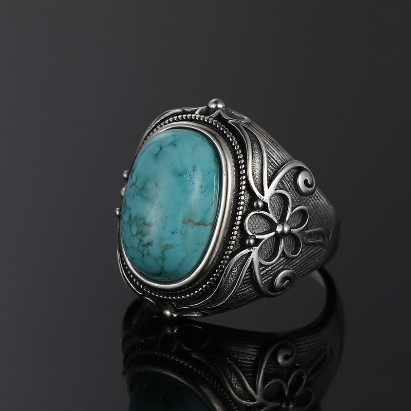 Natural Turquoise Ring Lady Silver Jewelry Retro Party Ring 11X17MM Large Ellipse Gem Gift Wholesale