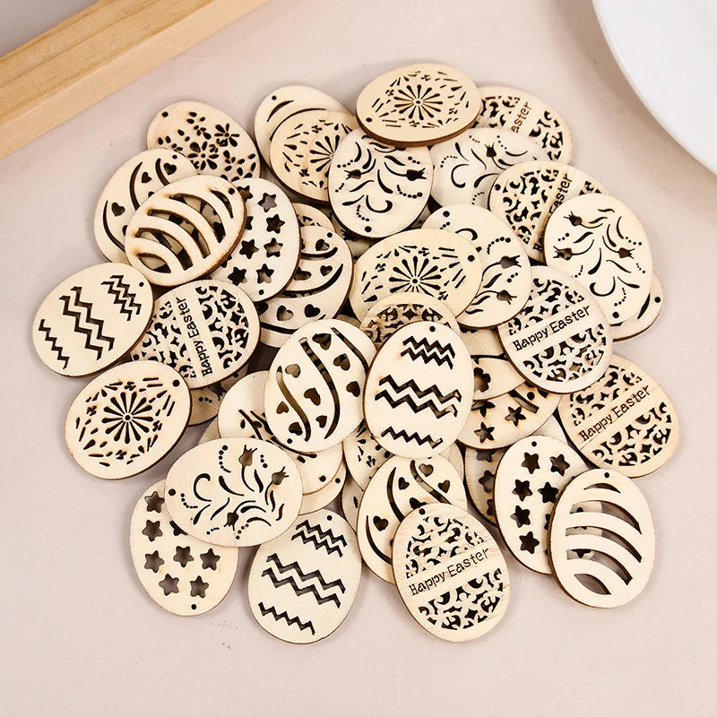 25/50Pcs Happy Easter Wooden Eggs DIY Craft Hanging Ornaments Hollowed Wood Chips Easter Party Decorations For Home Kids Gift
