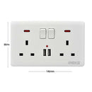 Double Wall Plug Socket 2 Gang 13A w/ 2 Charger USB Ports Outlets Flat Plate UK
