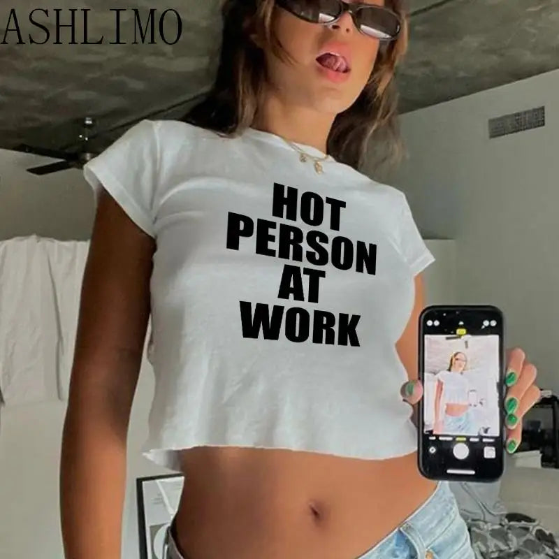 Women Clothing Aesthetics Y2K Tops High Street Harajuku Retro Fashion Casual Print O Neck Short Sleeve Top Short Navel Sexy