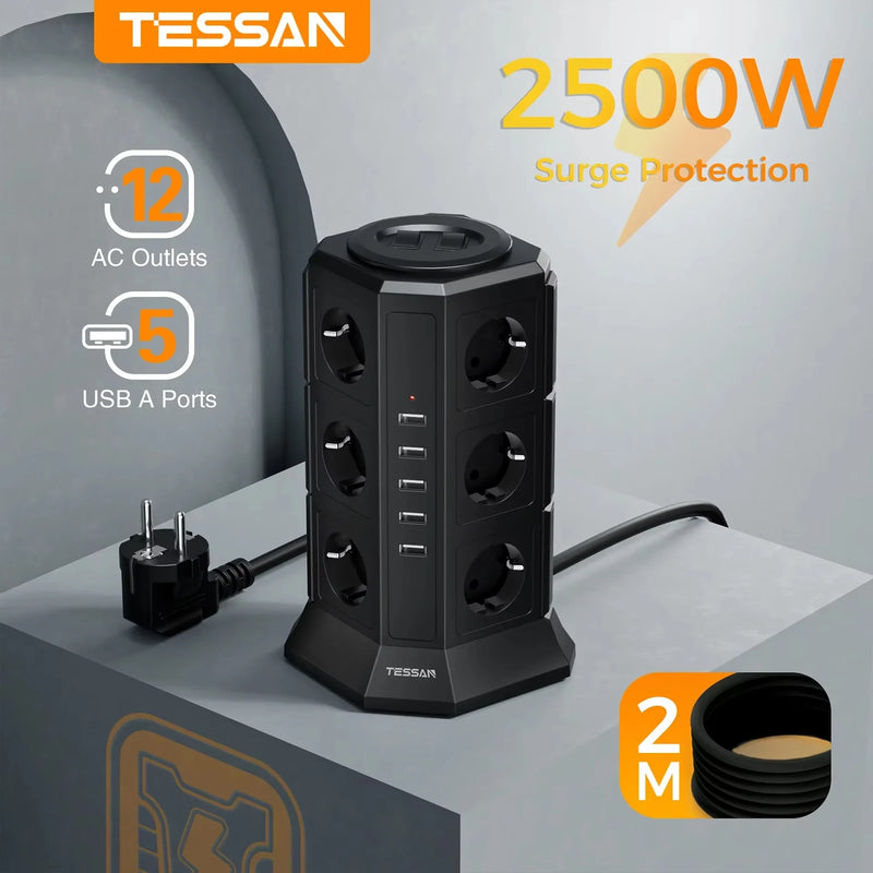 TESSAN Power Strip Vertical Tower Socket 12 Outlets 5 USB Ports EU Plug Multiple Socket with 2M Extension Cord Surge Protection