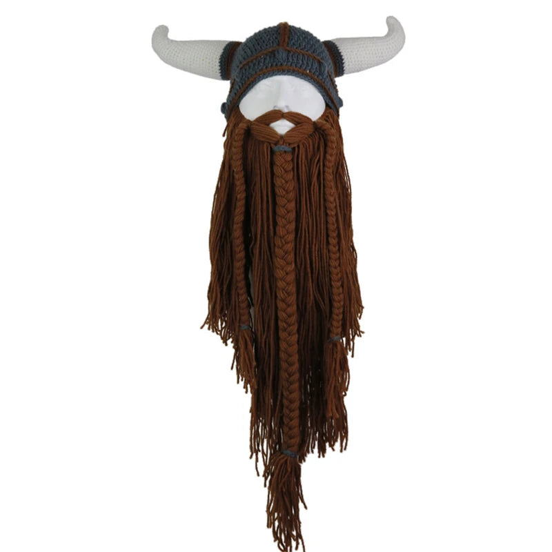 Viking Horn Hat Mask Men Bearded Funny Caps Winter Hand Weave Men Christmas Cosplay Party Funny Tricky Headgear Warm Beanie Caps