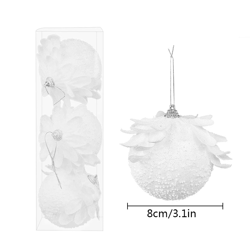 3pcs/Box Christmas Tree Ornaments White Glitter Petal Shape Balls Foam Snow Ball Christmas Pendants New Year Home Hanging Decor