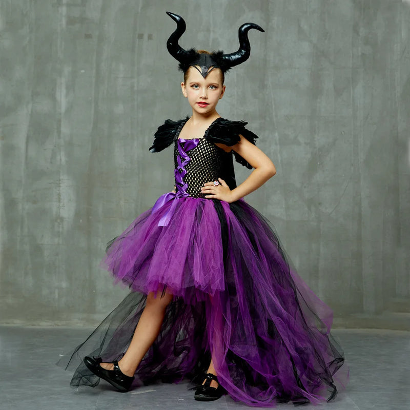 Disney Maleficent Halloween Costume Maleficent Tulle Dress Girls Cosplay Evil Queen Purple Mesh Princess Dress Kids Crow Wand