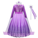 Girl Elsa Dress Princess Cosplay Purple Sequins Mesh Halloween Long Sleeves Ball Gown Birthday Party Carnival Costume
