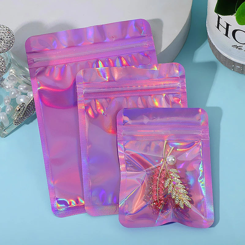 100pcs Laser Zip Lock Bags Hologram Iridescent Pouches Resealable Plastic Packaging Bag  Cosmetic Trinkets Jewelry Storage Bag